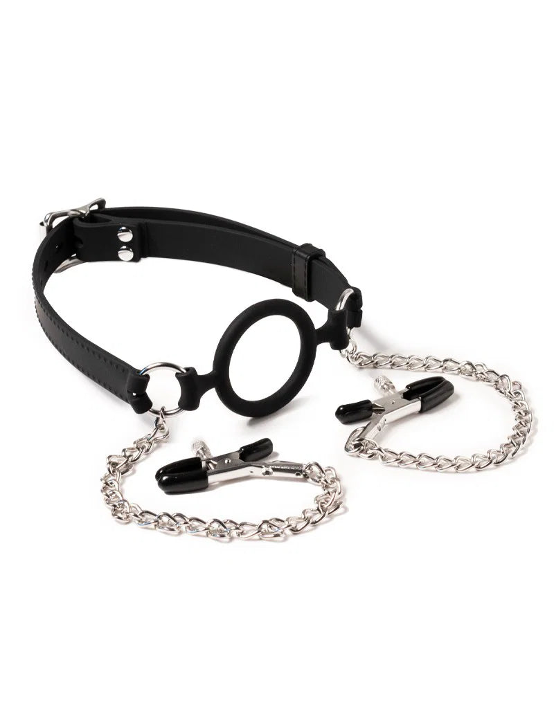 Silicone O-ring gag with nipple clamps