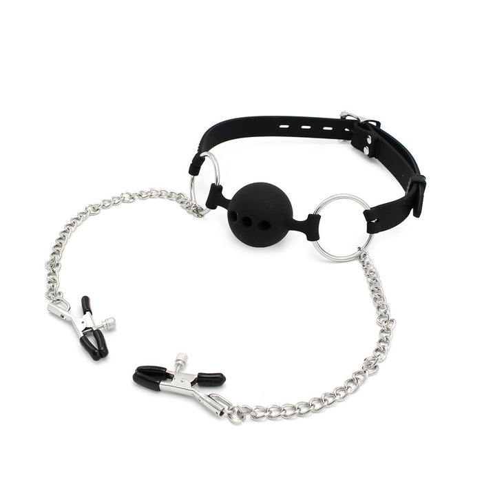 Silicone breathable ball gag with nipple clamps